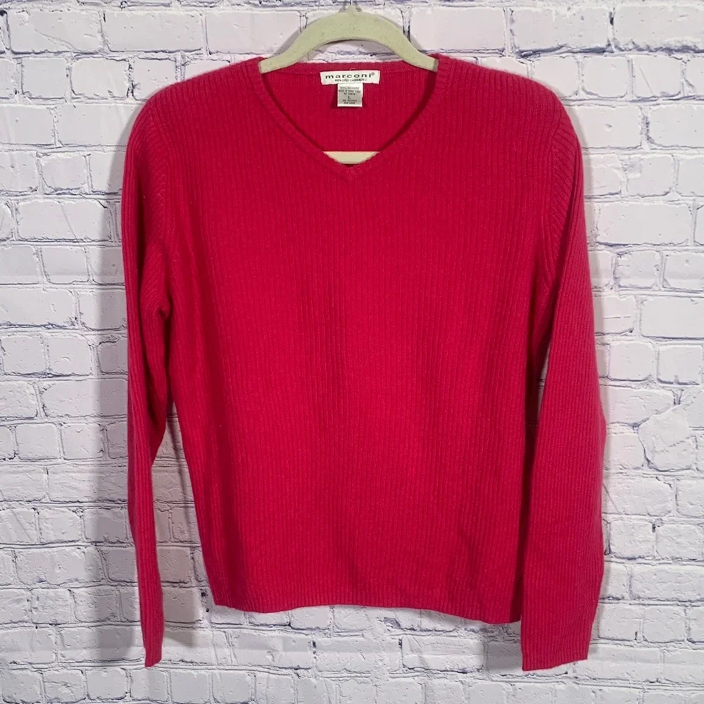 Marconi Womens V-neck Ribbed Cashmere Sweater Pink Size L Casual Preppy Soft